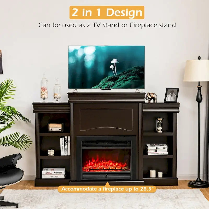 70-Inch Brown Media Entertainment Center with Bookcase and Fireplace Cabinet - 70  x 11 x 45 (L x W x H)