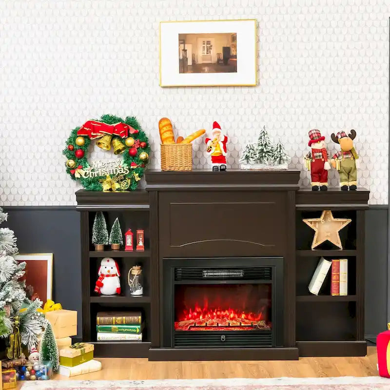 70-Inch Brown Media Entertainment Center with Bookcase and Fireplace Cabinet - 70  x 11 x 45 (L x W x H)