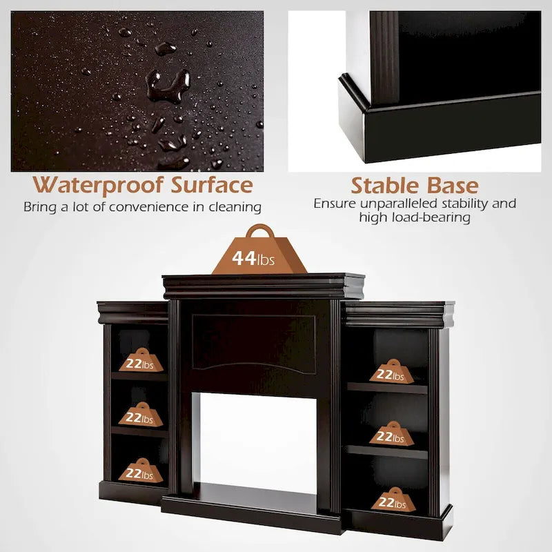 70-Inch Brown Media Entertainment Center with Bookcase and Fireplace Cabinet - 70  x 11 x 45 (L x W x H)