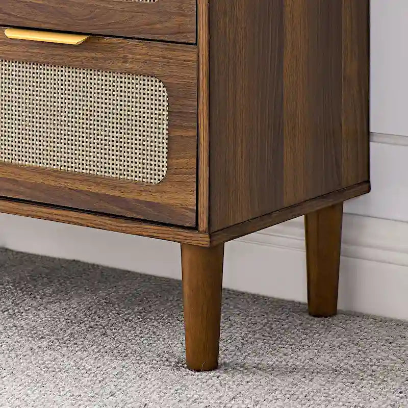 Farmhouse Wooden Storage Chest,Modern Rattan Dresser Cabinet with 3 Wide Drawers and Metal Handles