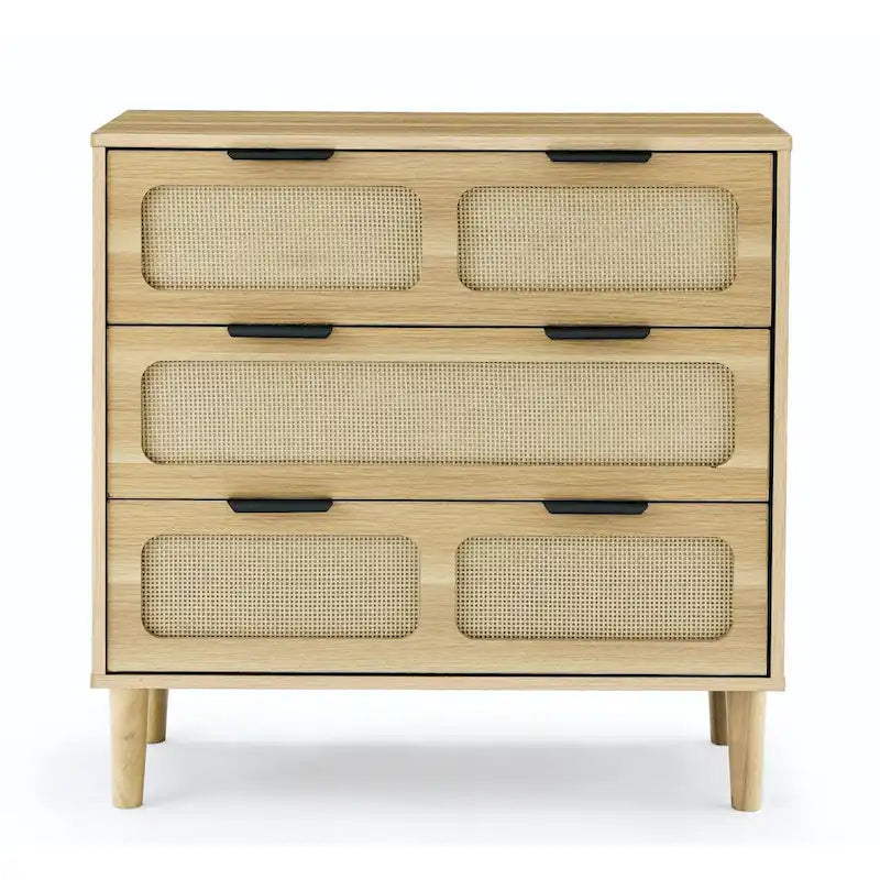 Farmhouse Wooden Storage Chest,Modern Rattan Dresser Cabinet with 3 Wide Drawers and Metal Handles