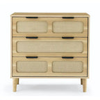 Farmhouse Wooden Storage Chest,Modern Rattan Dresser Cabinet with 3 Wide Drawers and Metal Handles