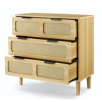 Farmhouse Wooden Storage Chest,Modern Rattan Dresser Cabinet with 3 Wide Drawers and Metal Handles