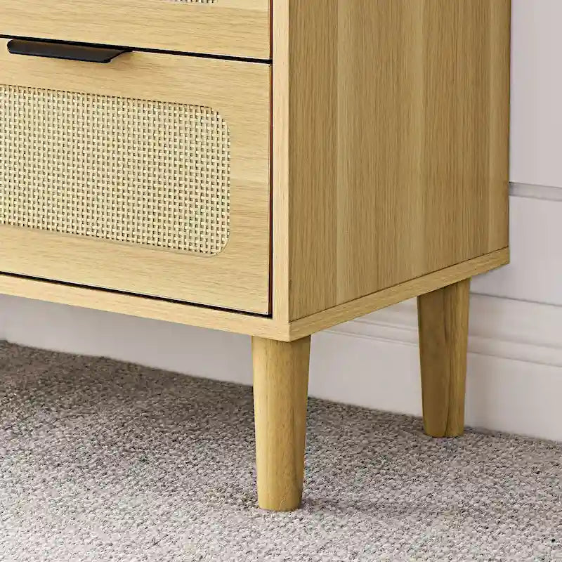 Farmhouse Wooden Storage Chest,Modern Rattan Dresser Cabinet with 3 Wide Drawers and Metal Handles
