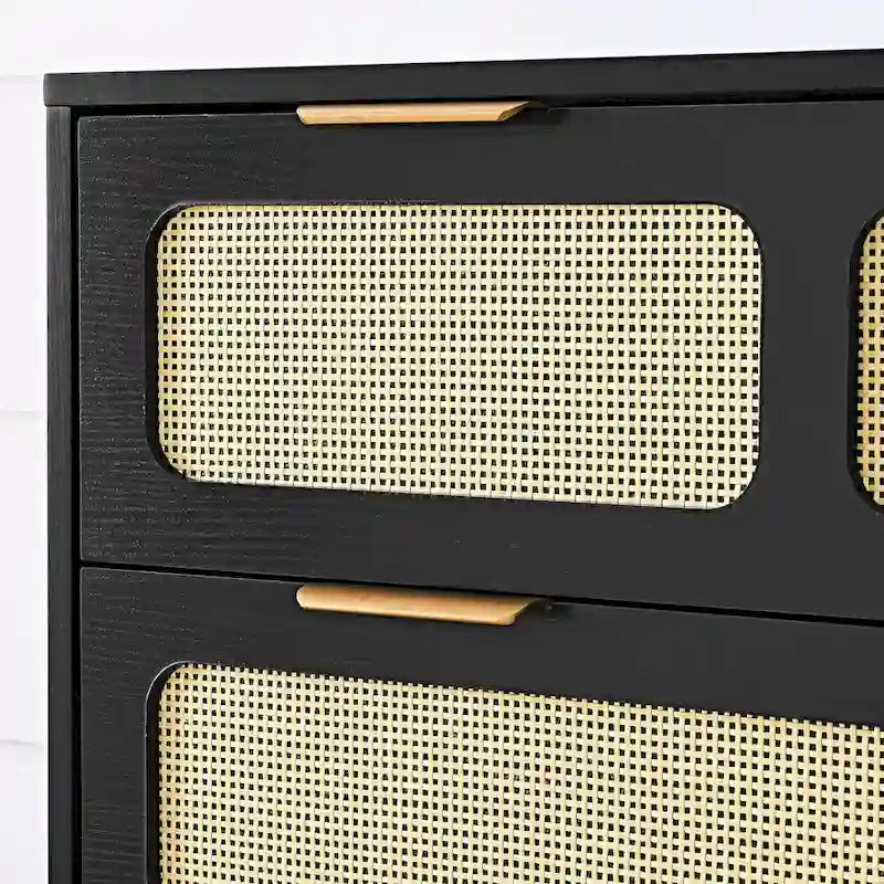 Farmhouse Wooden Storage Chest,Modern Rattan Dresser Cabinet with 3 Wide Drawers and Metal Handles