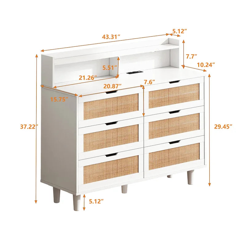 6-Drawers Rattan Storage Dresser Cabinet with LED Lights and Power Outlet