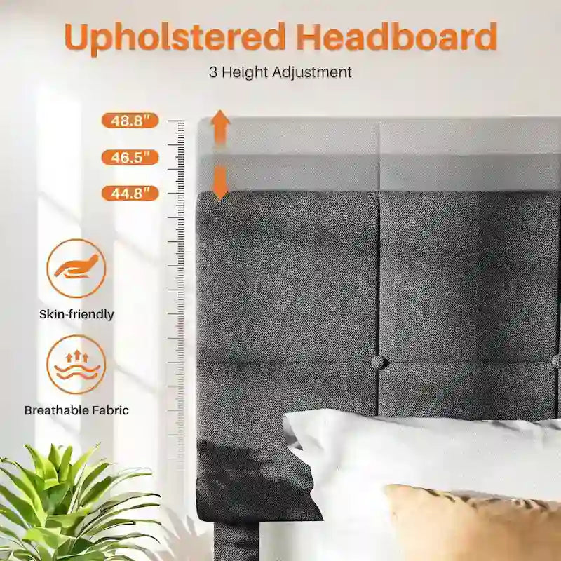 Bed Frame, Modern Platform Bed Frame with Adjustable Headboard, Geometric Upholstered Bed Frame 800LBS Sturdy Solid Wooden Slats