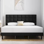 Bed Frame with Upholstered Headboard, Gray Metal Frame Wooden Slats Support.