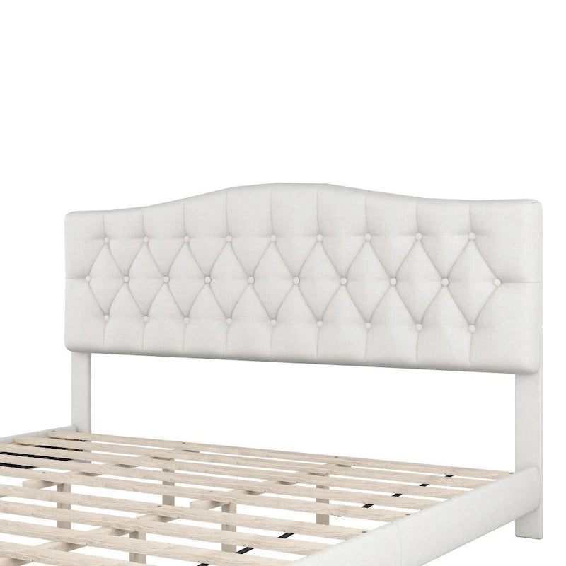 Upholstered Platform Bed with Saddle Curved Headboard and Diamond Tufted Details, Beige