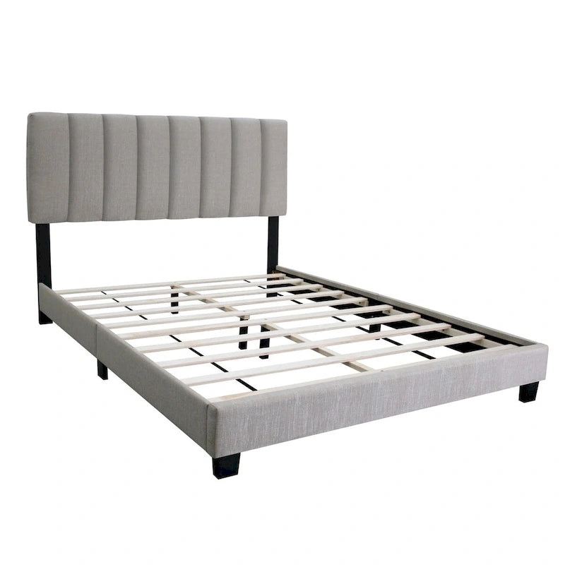 Stone Gray Queen Size Adjustable Upholstered Bed Frame, Vintage Style And Clean Line Design, Popular Style