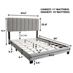 Stone Gray Queen Size Adjustable Upholstered Bed Frame, Vintage Style And Clean Line Design, Popular Style