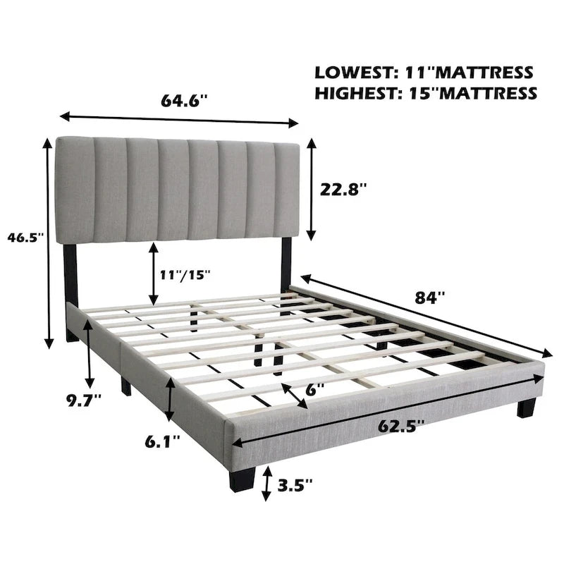 Stone Gray Queen Size Adjustable Upholstered Bed Frame, Vintage Style And Clean Line Design, Popular Style