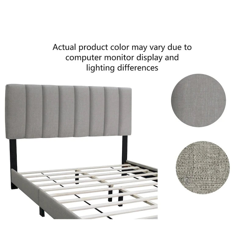 Stone Gray Queen Size Adjustable Upholstered Bed Frame, Vintage Style And Clean Line Design, Popular Style