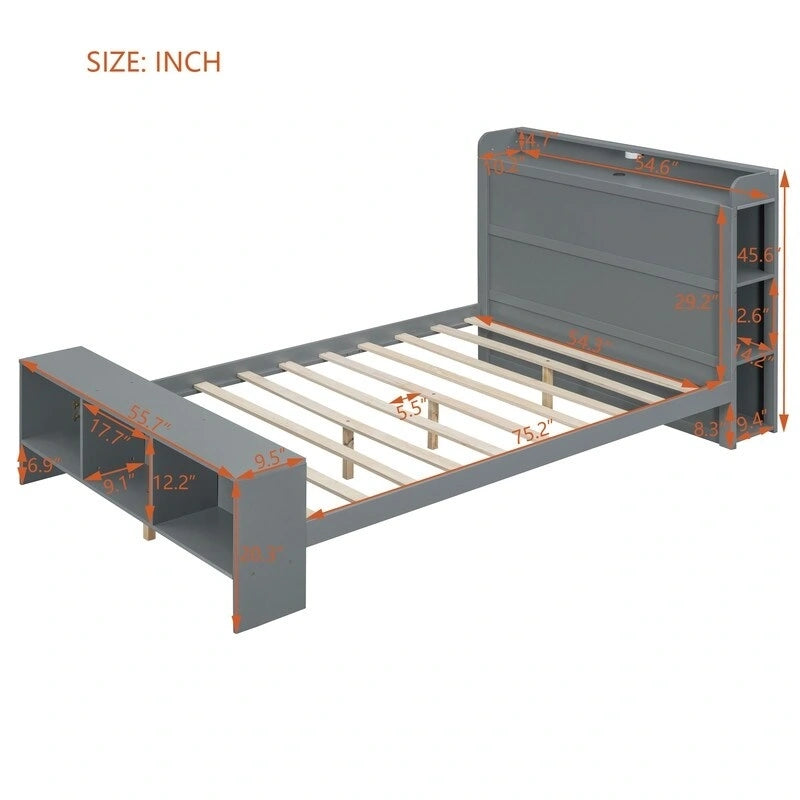 Platform Bed with Built-in Shelves,LED Light and USB Ports,Full/Twin Size