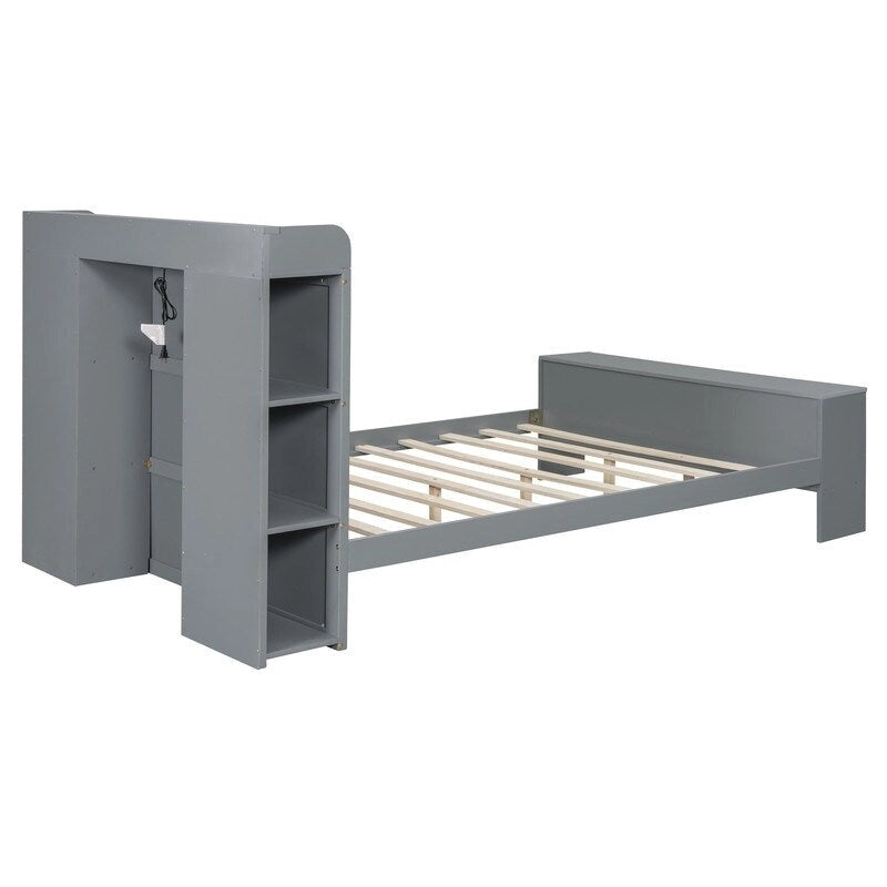 Platform Bed with Built-in Shelves,LED Light and USB Ports,Full/Twin Size