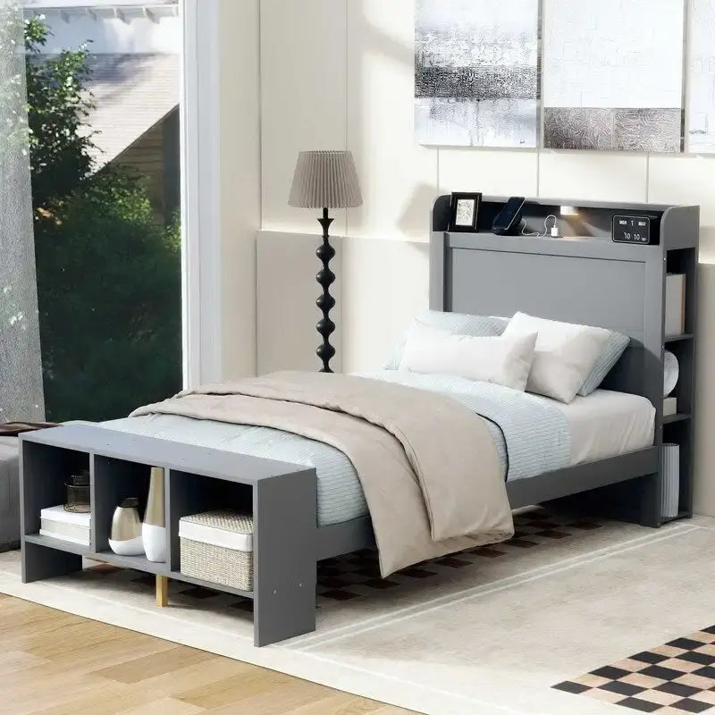 Platform Bed with Built-in Shelves,LED Light and USB Ports,Full/Twin Size