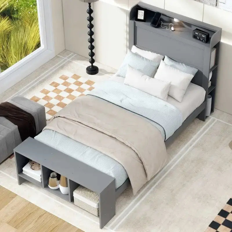 Platform Bed with Built-in Shelves,LED Light and USB Ports,Full/Twin Size