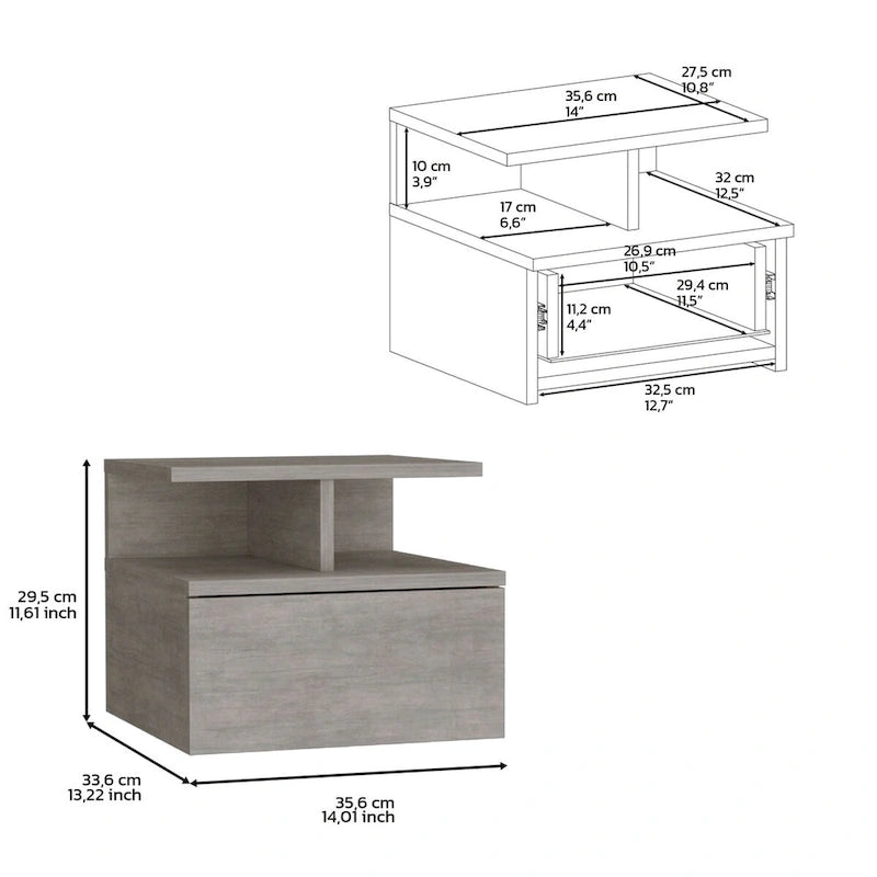 Floating Nightstand 12 H,Wall Mounted with Single Drawer and 2-Tier Shelf,for Bedroom,Closet,Entryway,College Dorm