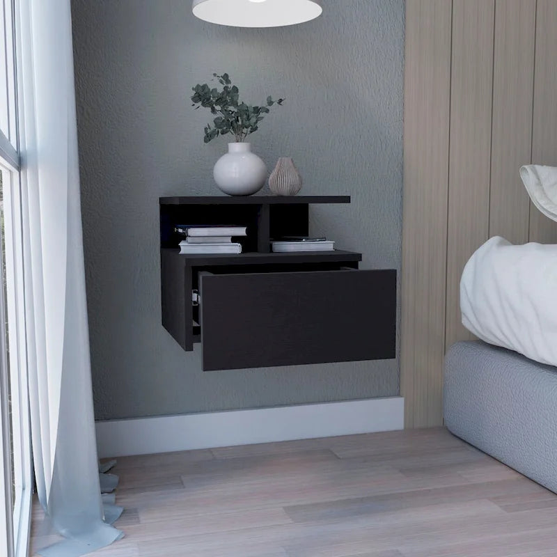Floating Nightstand 12 H,Wall Mounted with Single Drawer and 2-Tier Shelf,for Bedroom,Closet,Entryway,College Dorm