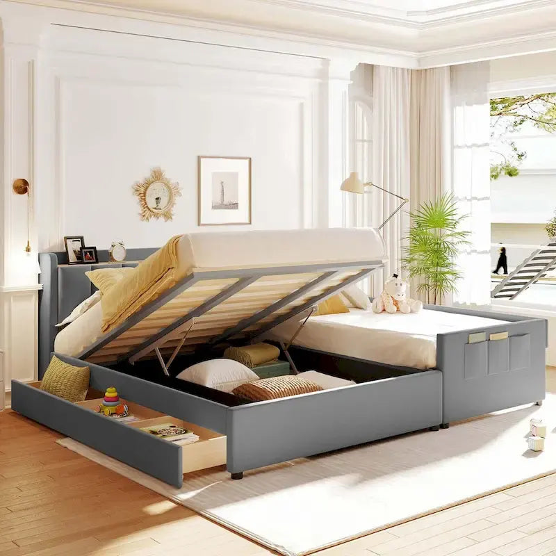 Twin XL Size Upholstered Platform Bed with Hydraulic Storage System