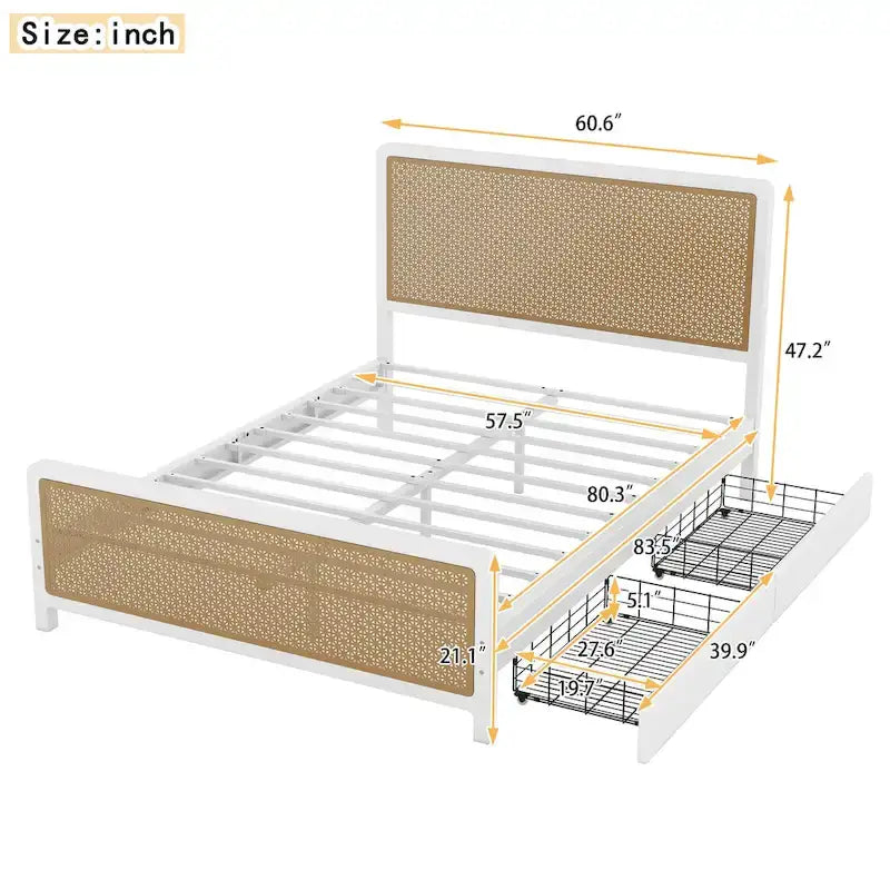 Queen Size Metal Platform Bed with 2 Drawers