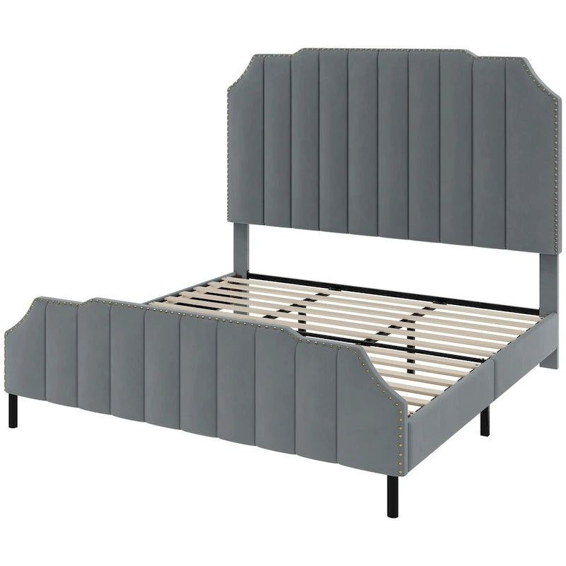 Grey Upholstered Bed Frame Velvet Platform Bedframe Mattress Foundation