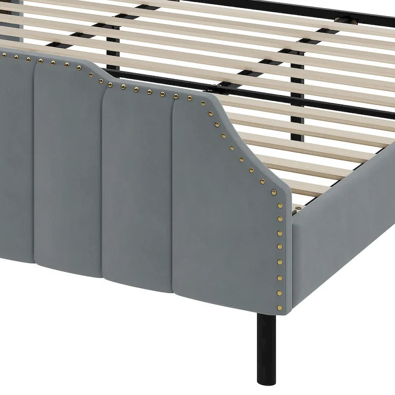 Grey Upholstered Bed Frame Velvet Platform Bedframe Mattress Foundation