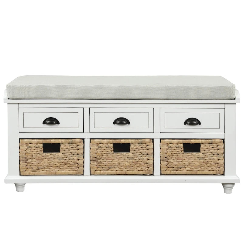 Rustic Storage Bench with 3 Drawers and 3 Rattan Baskets, Shoe Bench for Living Room, Entryway