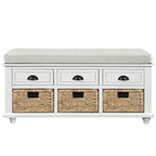 Rustic Storage Bench with 3 Drawers and 3 Rattan Baskets, Shoe Bench for Living Room, Entryway