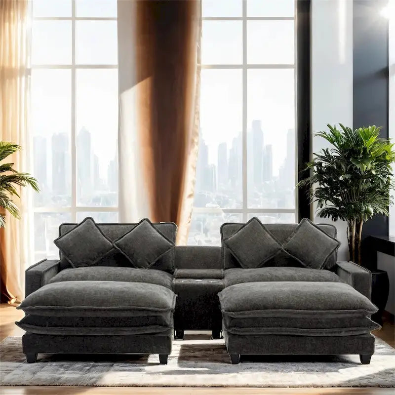 112.6  Chenille Upholstered Sectional Sofa with 2 Removable Ottoman