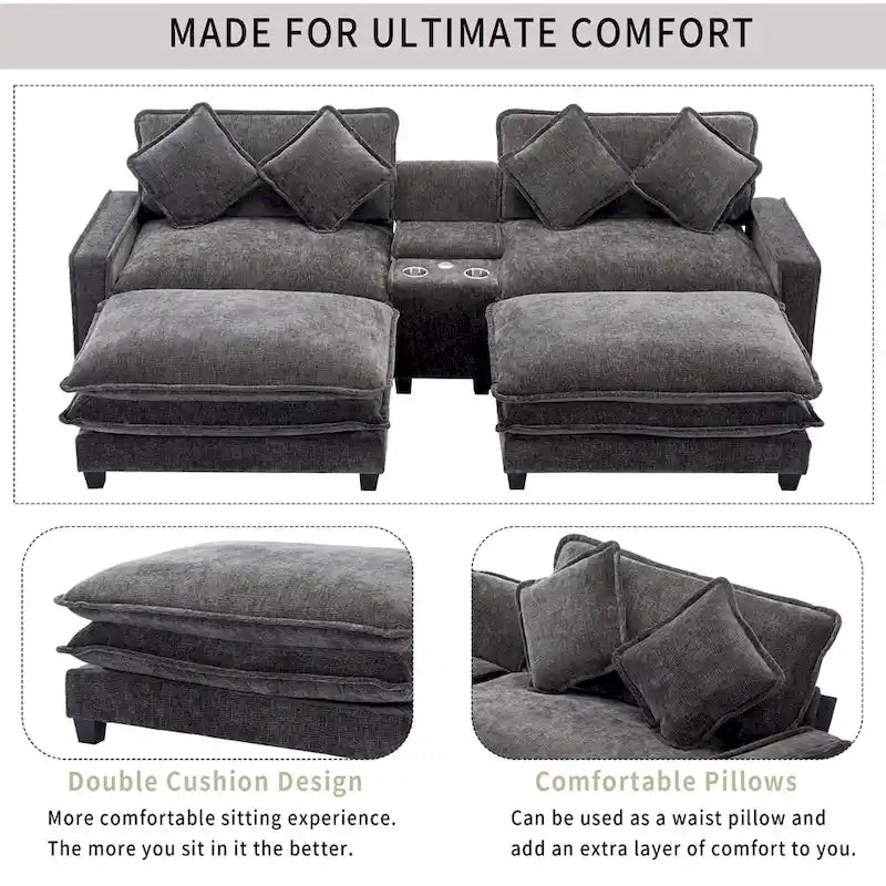 112.6  Chenille Upholstered Sectional Sofa with 2 Removable Ottoman