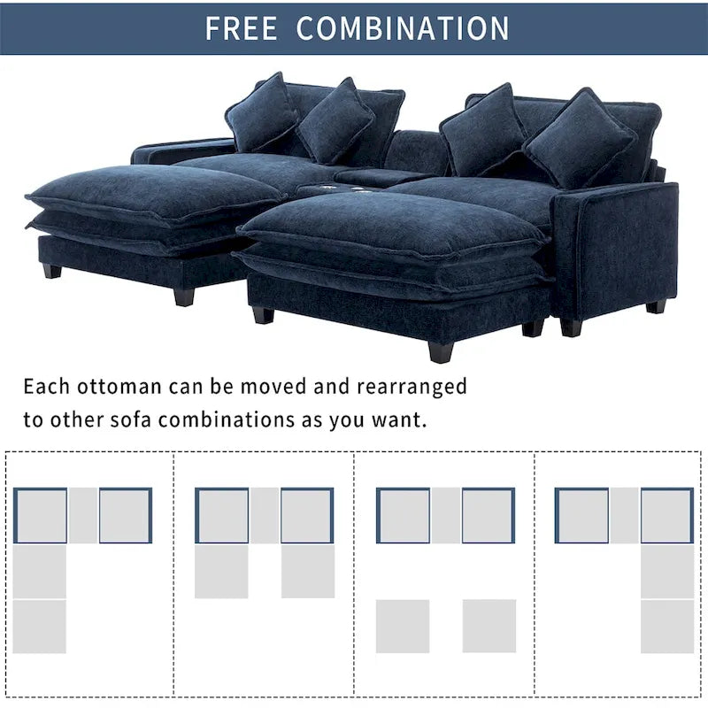 112.6  Chenille Upholstered Sectional Sofa with 2 Removable Ottoman