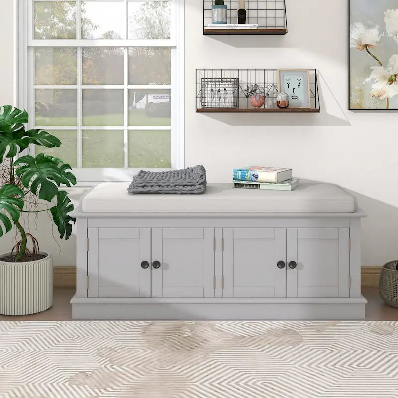 Storage Bench with 4 Doors and Adjustable Shelves, Shoe Bench with Removable Cushion