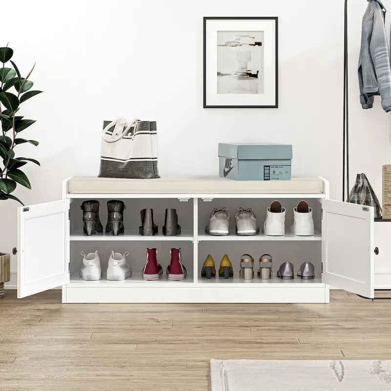 Anmytek White Shoe Storage Bench for Entryway with Cushion and Adjustable Shelves - 39.8  W x 15.7  D x 18  H