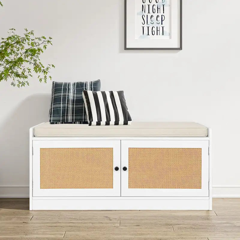 Anmytek White Shoe Storage Bench for Entryway with Cushion and Adjustable Shelves - 39.8  W x 15.7  D x 18  H