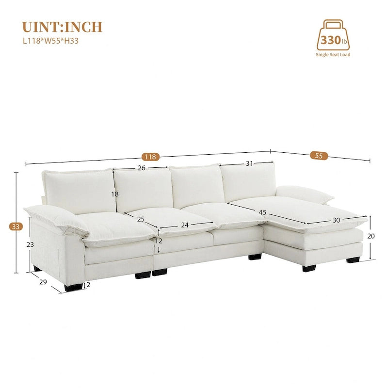 Harper&Bright Designs Modern L-shaped Chenille Cloud Sofa with Double Seat