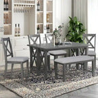 6-Piece Family Dining Room Set Solid Wood Space Saving Foldable Table and 4 Chairs with Bench for Dining Room