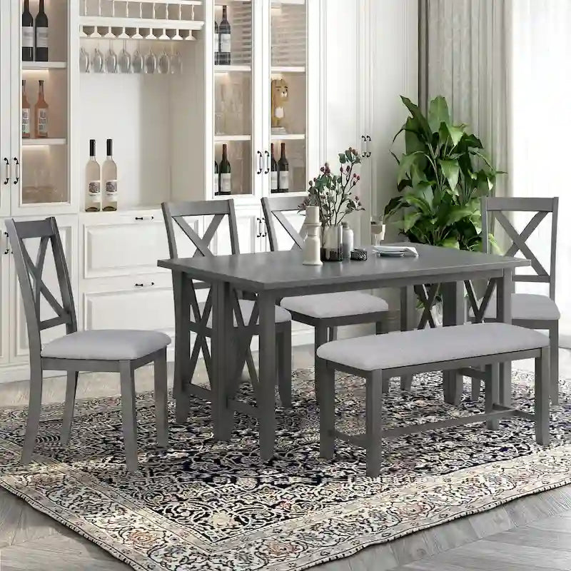 6-Piece Family Dining Room Set Solid Wood Space Saving Foldable Table and 4 Chairs with Bench for Dining Room