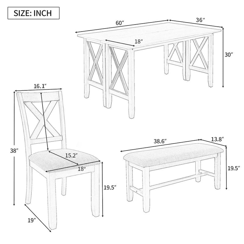 6-Piece Family Dining Room Set Solid Wood Space Saving Foldable Table and 4 Chairs with Bench for Dining Room
