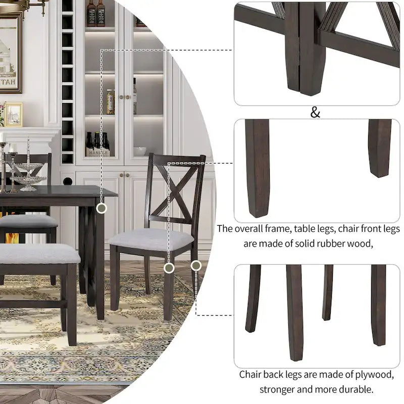 6-Piece Family Dining Room Set Solid Wood Space Saving Foldable Table and 4 Chairs with Bench for Dining Room