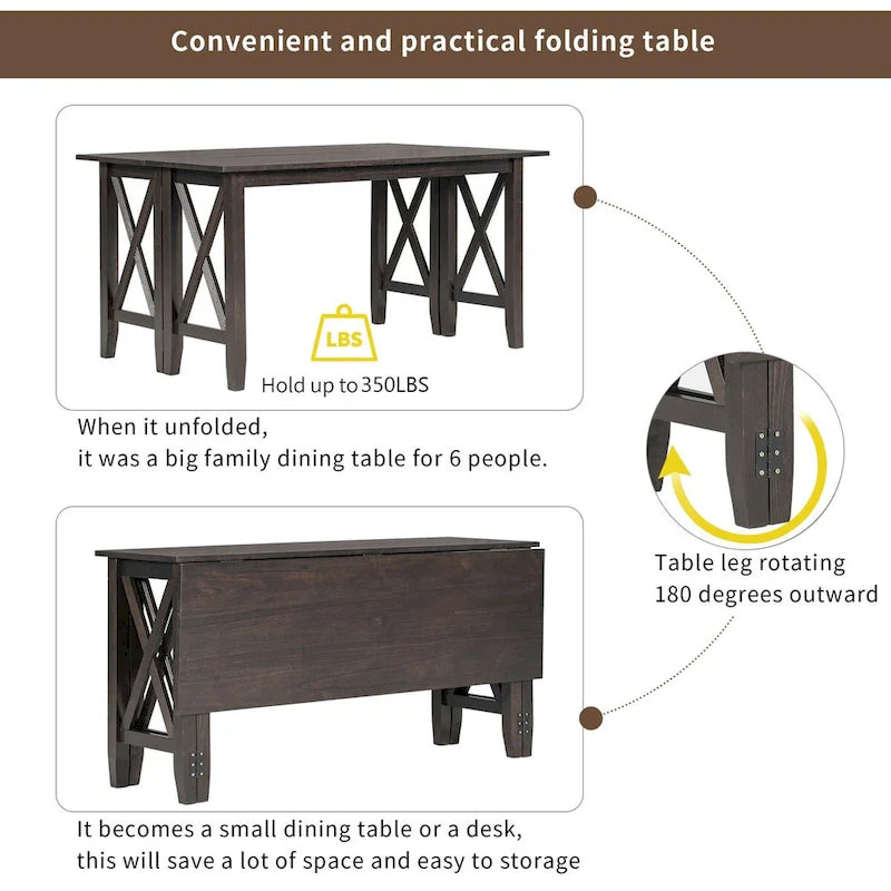 6-Piece Family Dining Room Set Solid Wood Space Saving Foldable Table and 4 Chairs with Bench for Dining Room