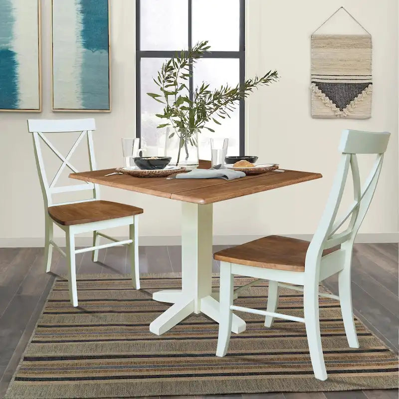 36  Solid Wood Square Dual Drop Leaf Dining Table with 2 Dining Chairs