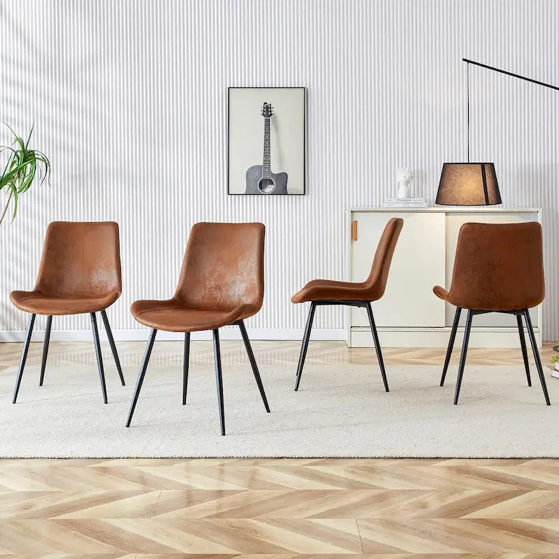 A Set Of 4 Style Restaurant Cushioned Chairs With Suede Backrests And Black Metal Legs,Suitable For Kitchens,Lounges,Farmhouses