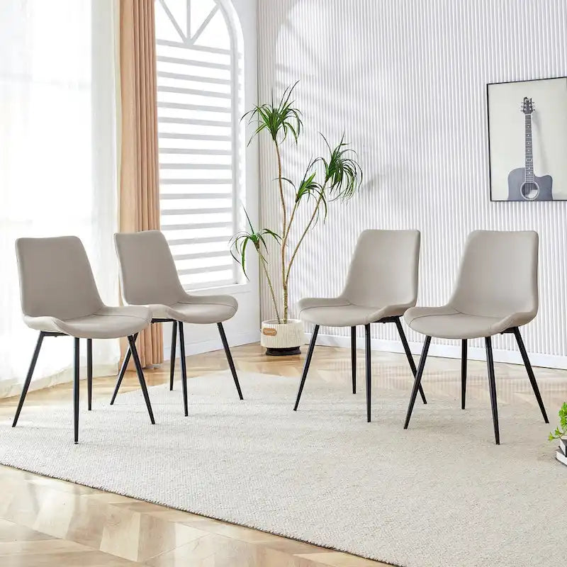A Set Of 4 Style Restaurant Cushioned Chairs With Suede Backrests And Black Metal Legs,Suitable For Kitchens,Lounges,Farmhouses