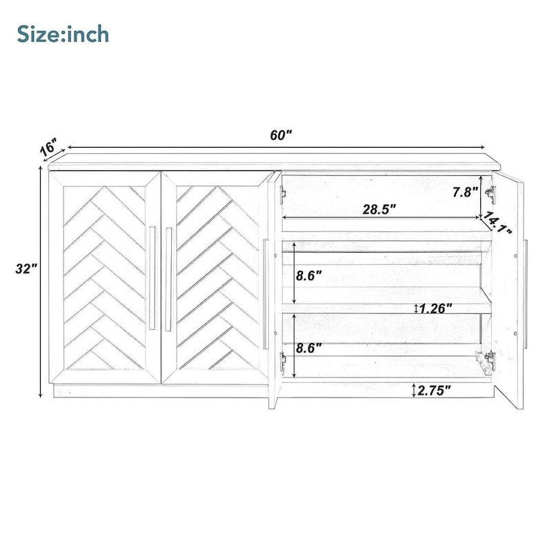 60  Dining Buffet And Sideboard with 4 Doors, Adjustable Shelves, and Handles