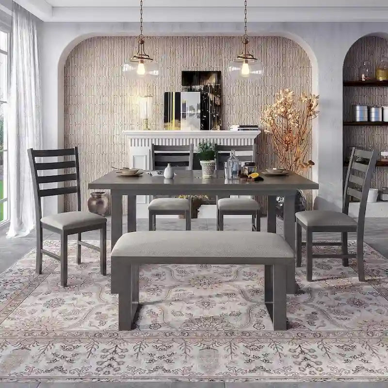 60  Rectangular Solid Wood Dining Table with 4 Upholstered Chairs and Bench