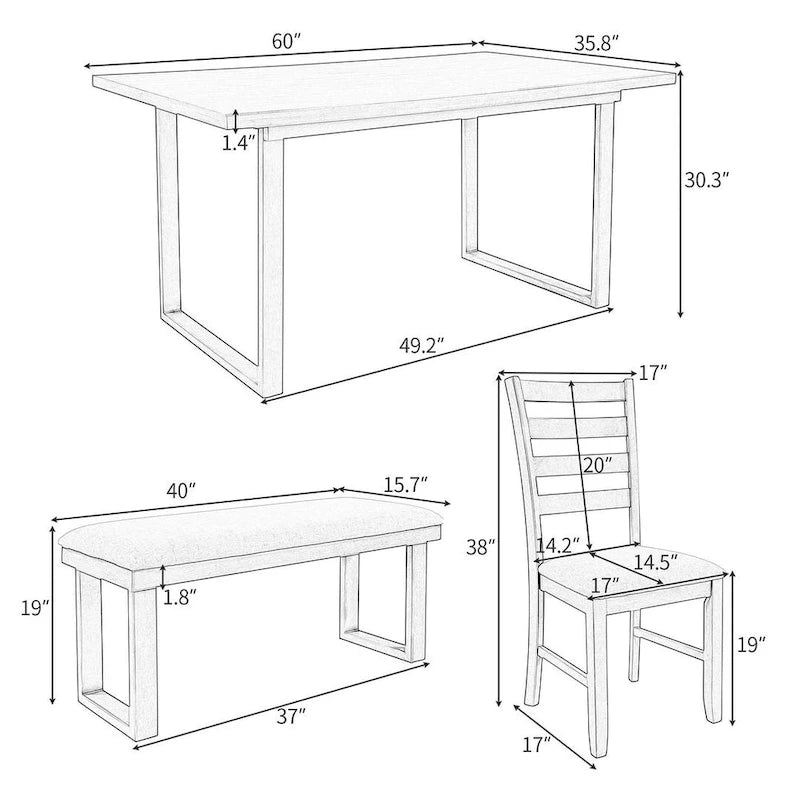60  Rectangular Solid Wood Dining Table with 4 Upholstered Chairs and Bench