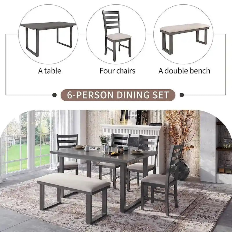 60  Rectangular Solid Wood Dining Table with 4 Upholstered Chairs and Bench