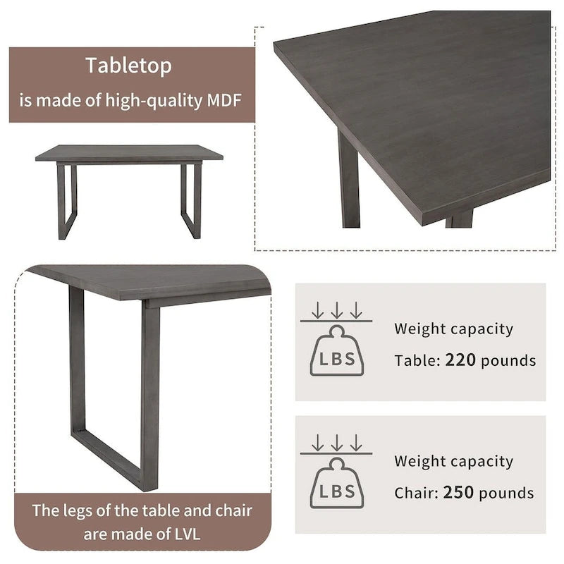 60  Rectangular Solid Wood Dining Table with 4 Upholstered Chairs and Bench