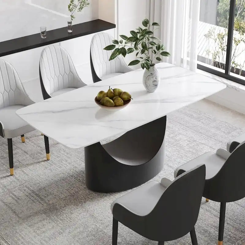 71  Black Marble Sintered Stone Table Top,Rectangle Dining Room Table with Unique U-Shape Black Carbon Steel Pedestal
